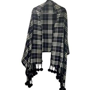 Susan Graver Style Plaid Blanket Scarf W Pom Poms OS Purple Stripe Stadium Scarf